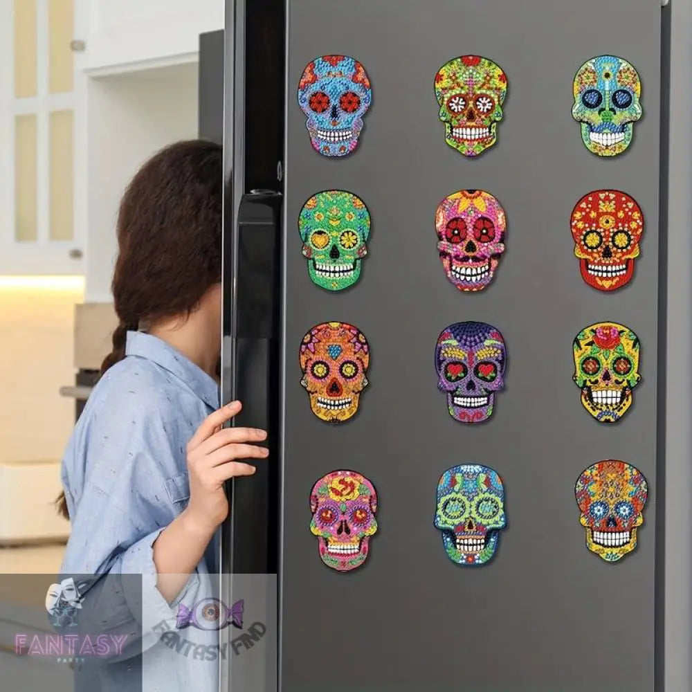 1 Pack Of 12 Diy Skull Artificial Diamond Painting Refrigerator Magnets
