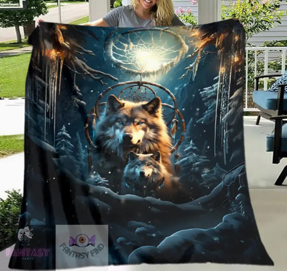 1Pc Cozy Dream Catcher And Wolf Print Blanket