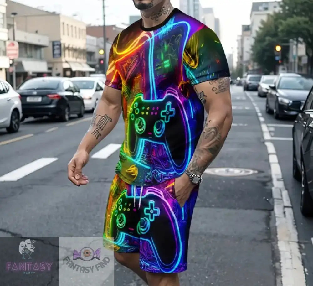 2-Piece Men’s Neon Lights And Gamepad 3D Print Outfit Set Short Sleeve T-Shirt & Novelty