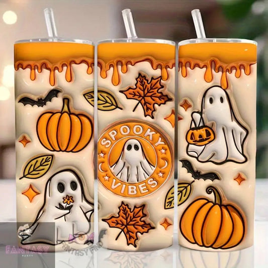 20Oz Spooky Orange Ghost Theme Stainless Steel Tumbler With Lid & Straw