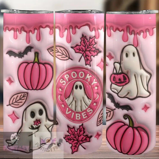 20Oz Spooky Pink Ghost Theme Stainless Steel Tumbler With Lid & Straw