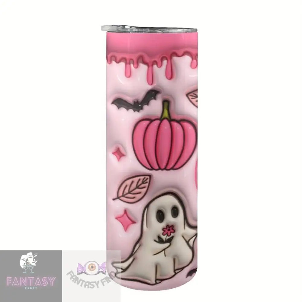 20Oz Spooky Pink Ghost Theme Stainless Steel Tumbler With Lid & Straw