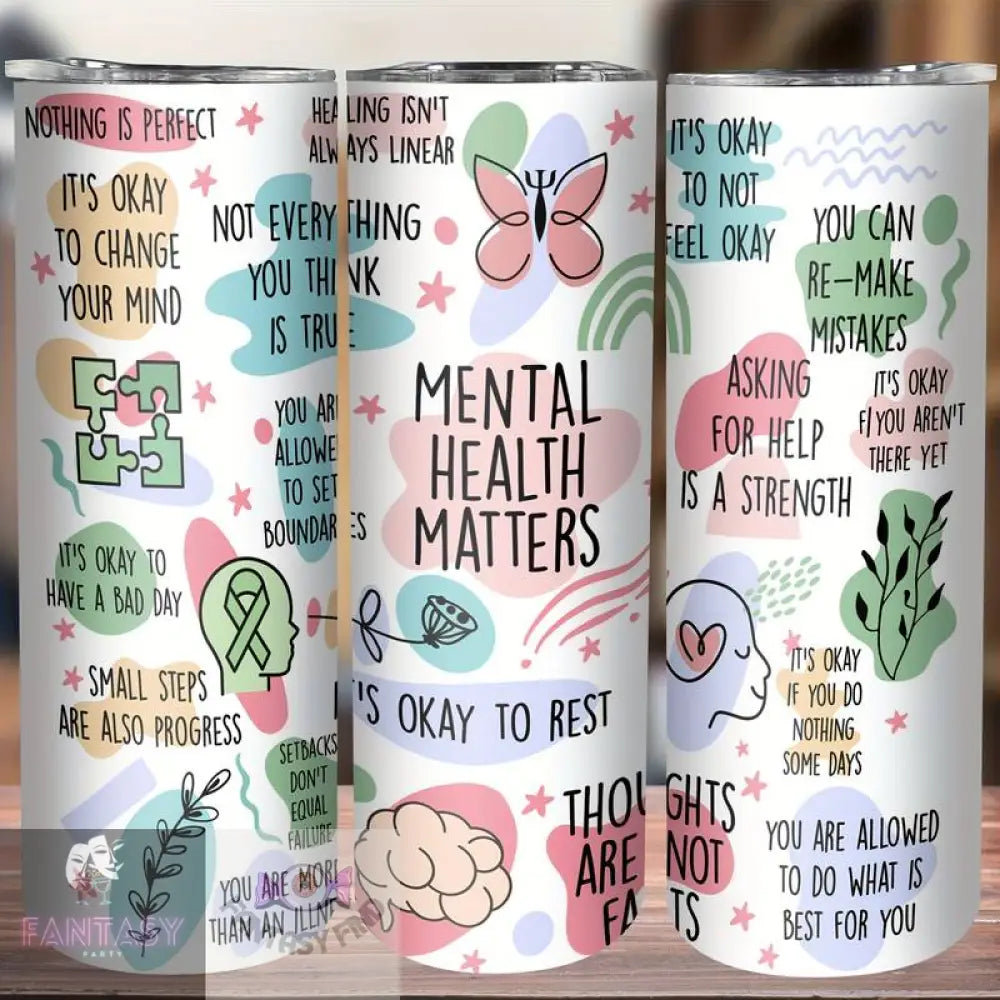 20Oz Stainless Steel Tumbler - ’Mental Health’ With Lid & Straw