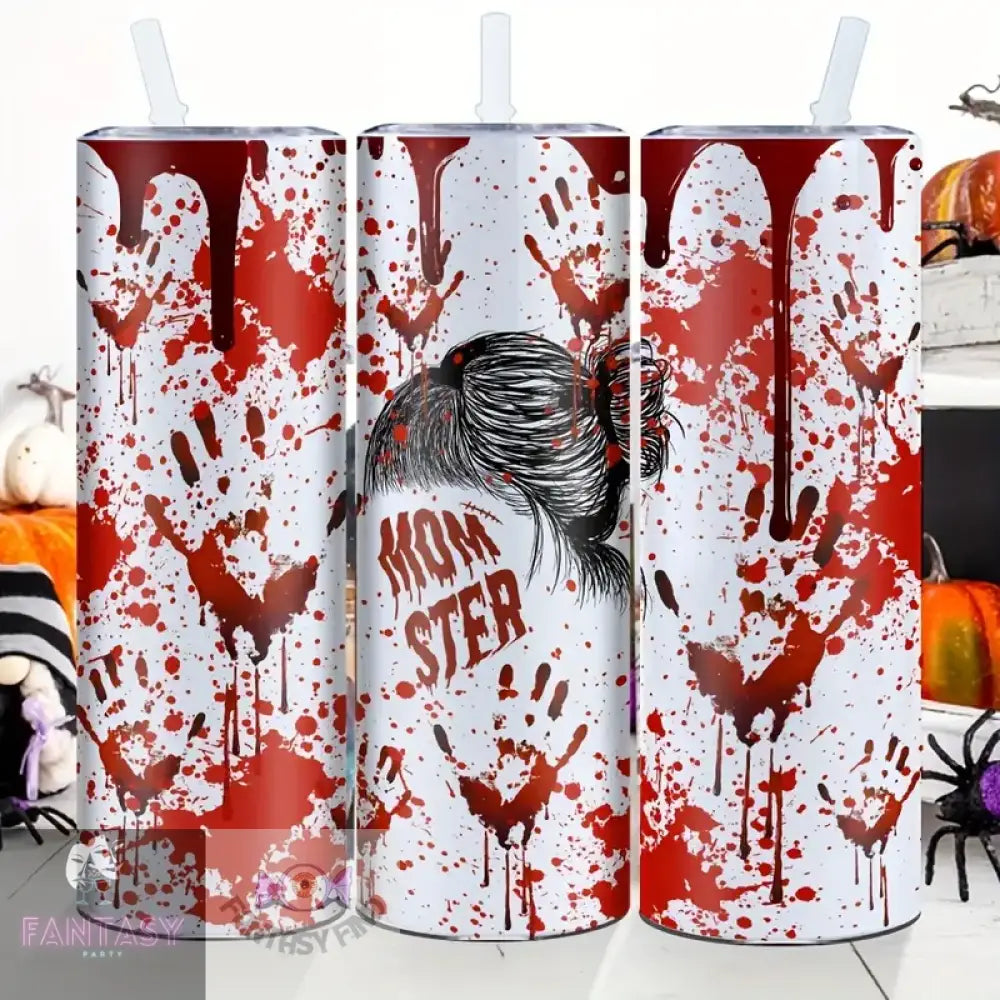 20Oz Stainless Steel Tumbler With Momster Halloween Blood Splatter Design