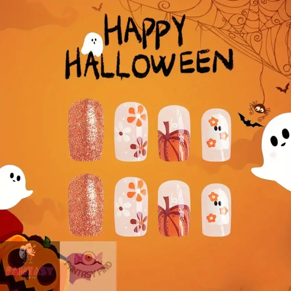 24-Piece Halloween Press-On Nails Set - Orange Ghost And Pumpkin