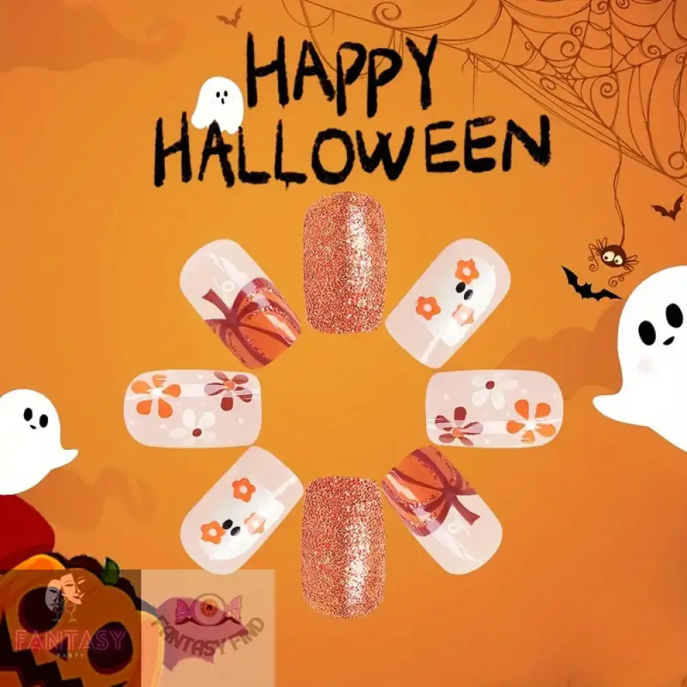 24-Piece Halloween Press-On Nails Set - Orange Ghost And Pumpkin