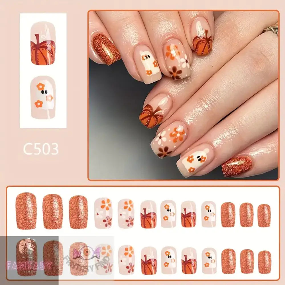 24-Piece Halloween Press-On Nails Set - Orange Ghost And Pumpkin