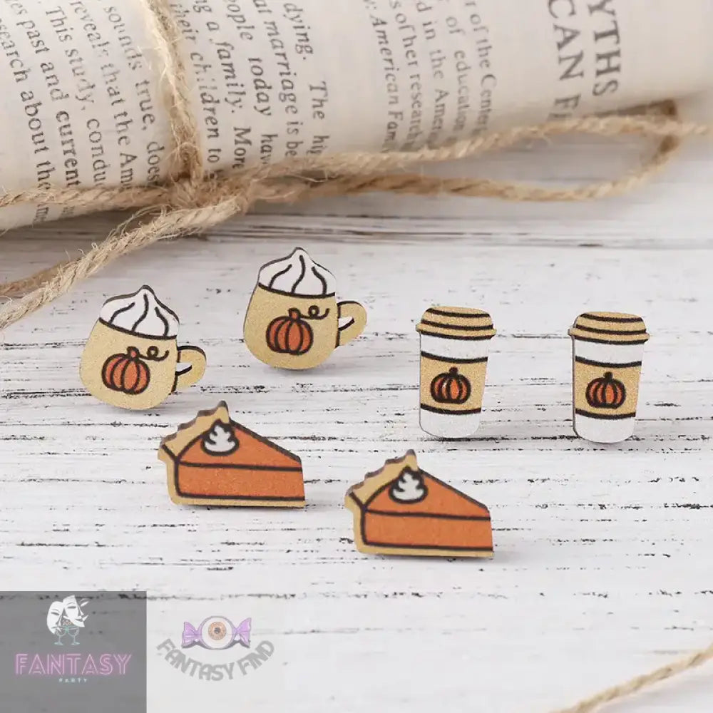 3 Pairs Of Pumpkin Cake & Coffee Shaped Stud Earring