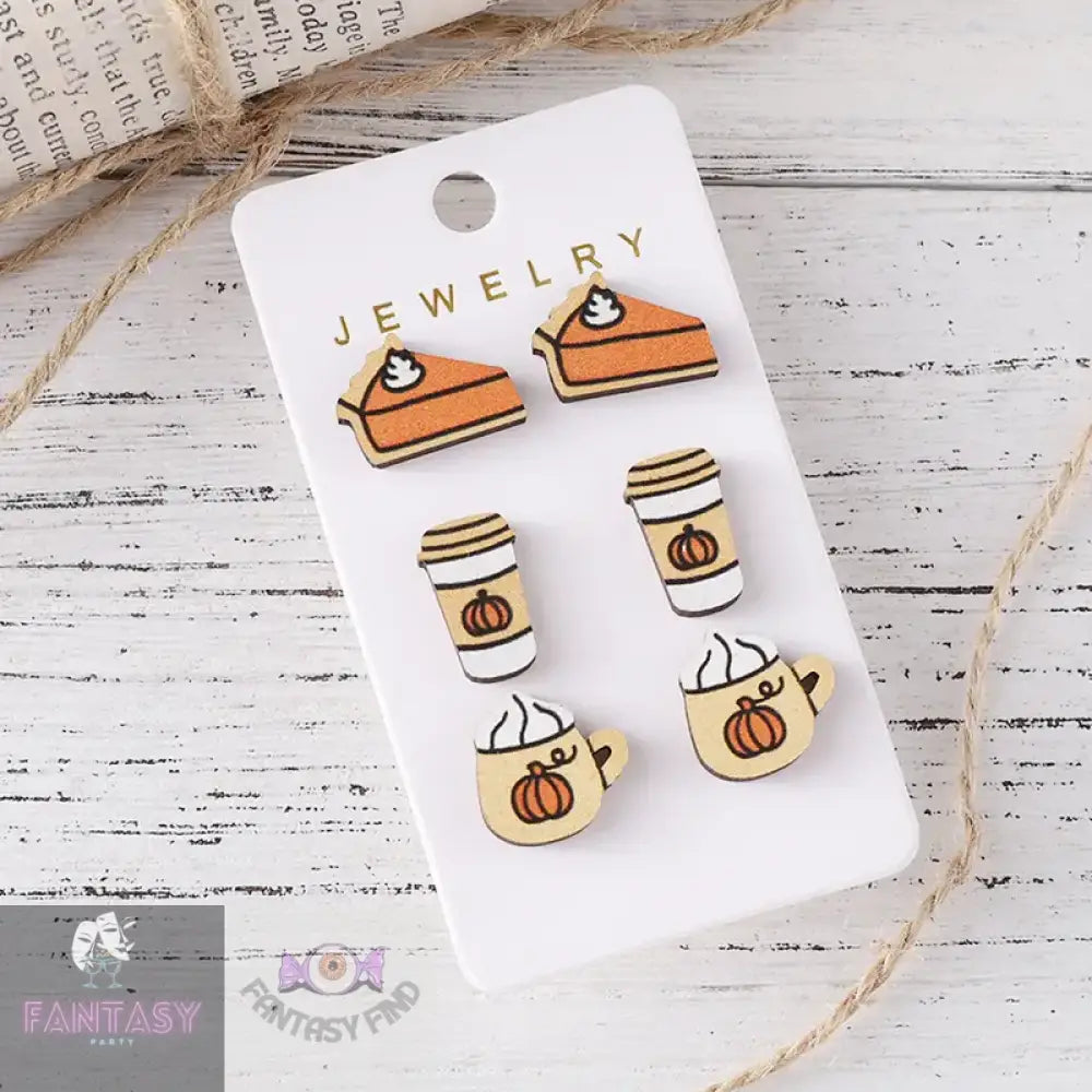 3 Pairs Of Pumpkin Cake & Coffee Shaped Stud Earring