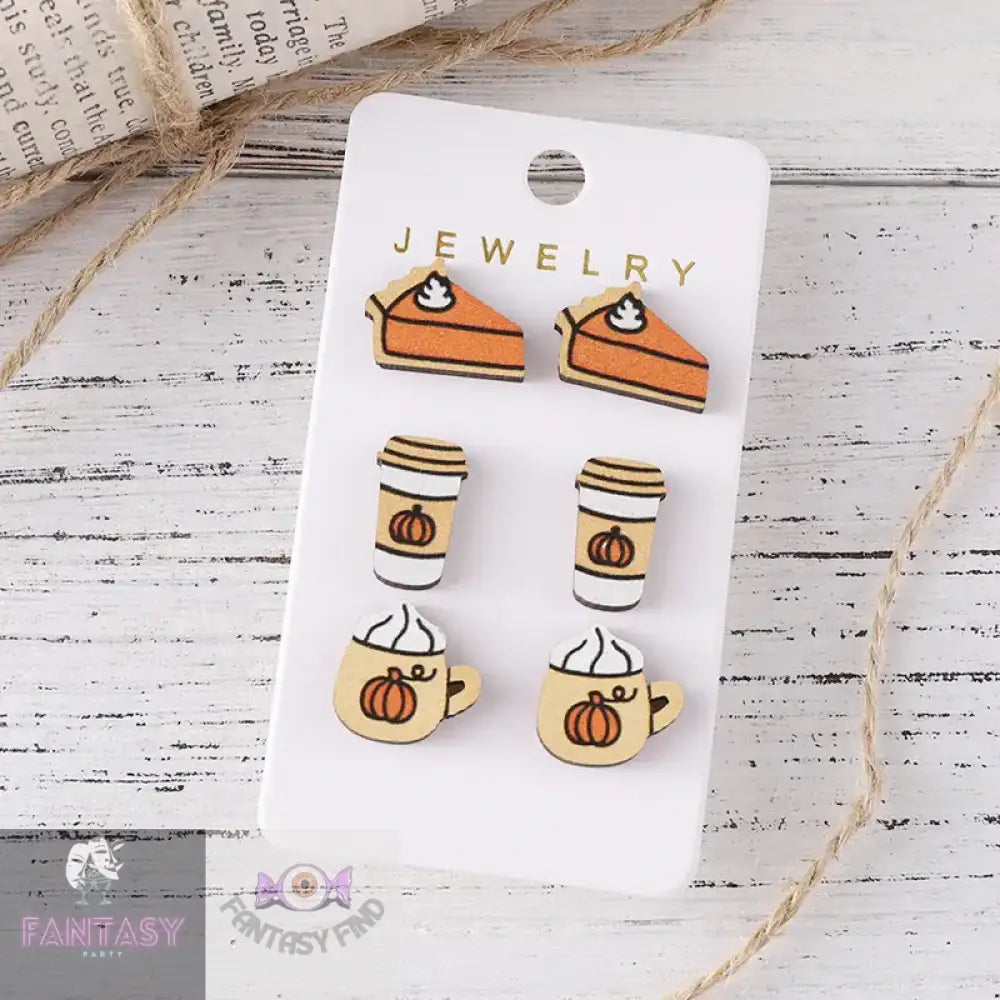 3 Pairs Of Pumpkin Cake & Coffee Shaped Stud Earring