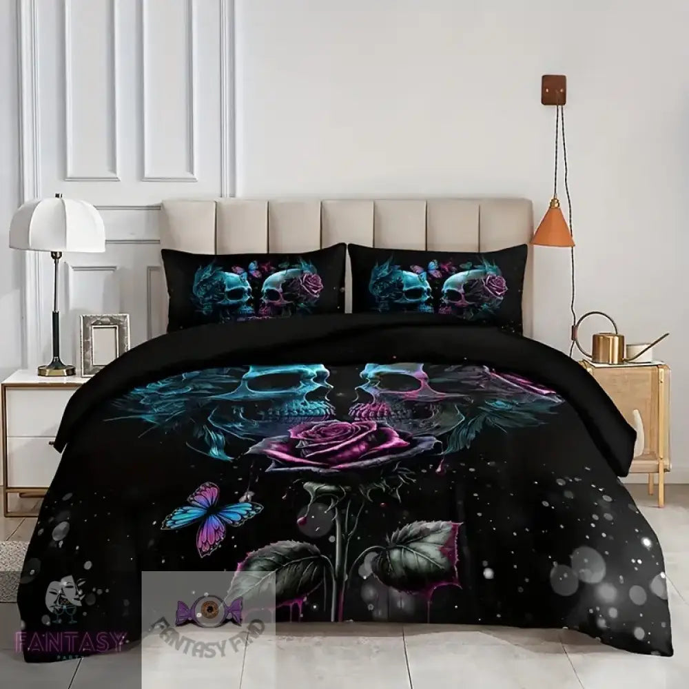 3Pcs Duvet Cover Set (1*Duvet + 2*Pillowcase Without Core) - Skull Pink & Blue