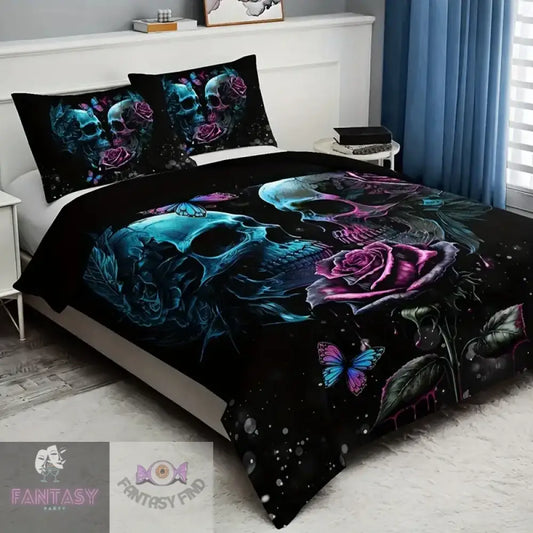 3Pcs Duvet Cover Set (1*Duvet + 2*Pillowcase Without Core) - Skull Pink & Blue