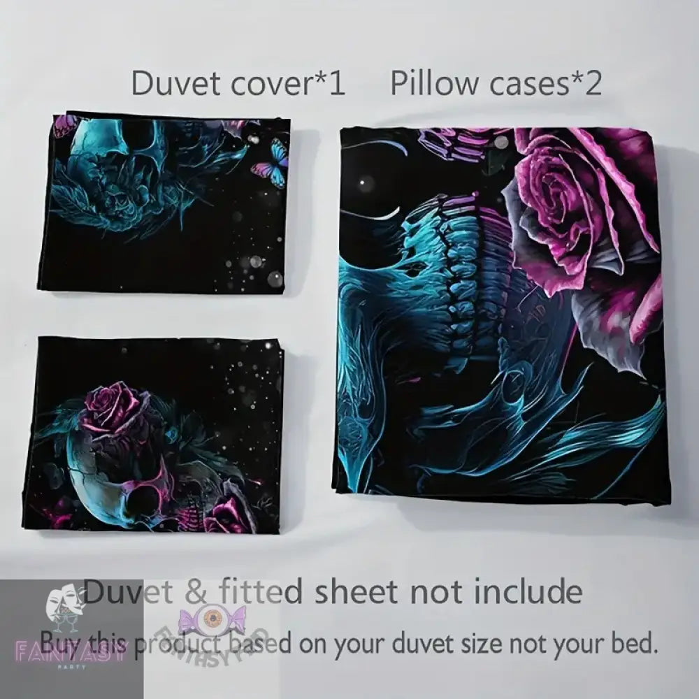 3Pcs Duvet Cover Set (1*Duvet + 2*Pillowcase Without Core) - Skull Pink & Blue