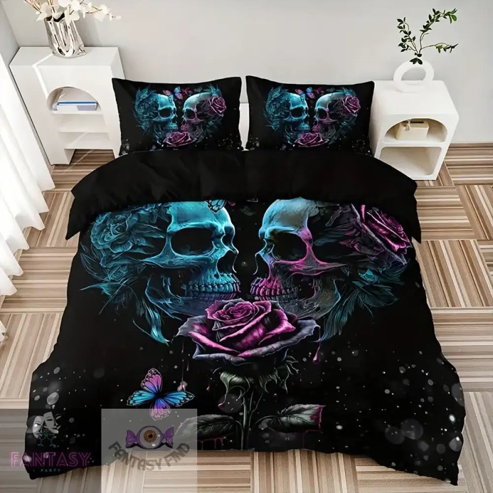 3Pcs Duvet Cover Set (1*Duvet + 2*Pillowcase Without Core) - Skull Pink & Blue