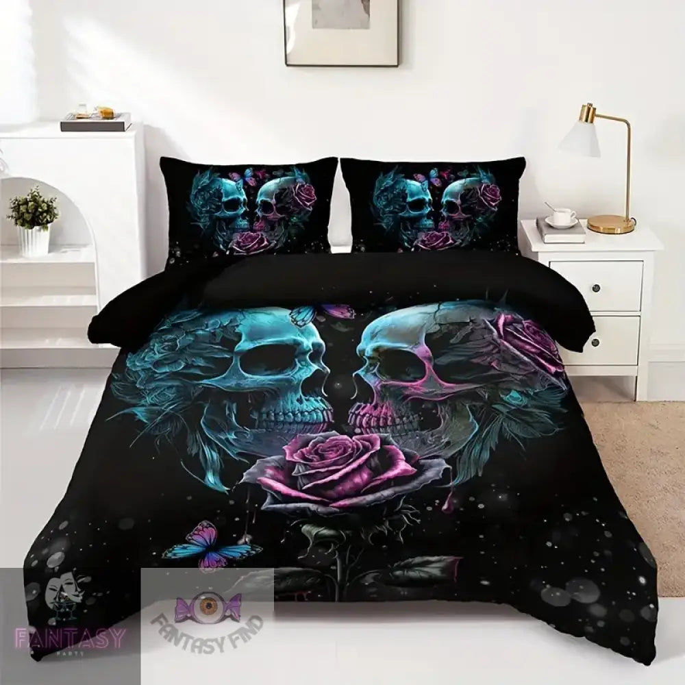 3Pcs Duvet Cover Set (1*Duvet + 2*Pillowcase Without Core) - Skull Pink & Blue