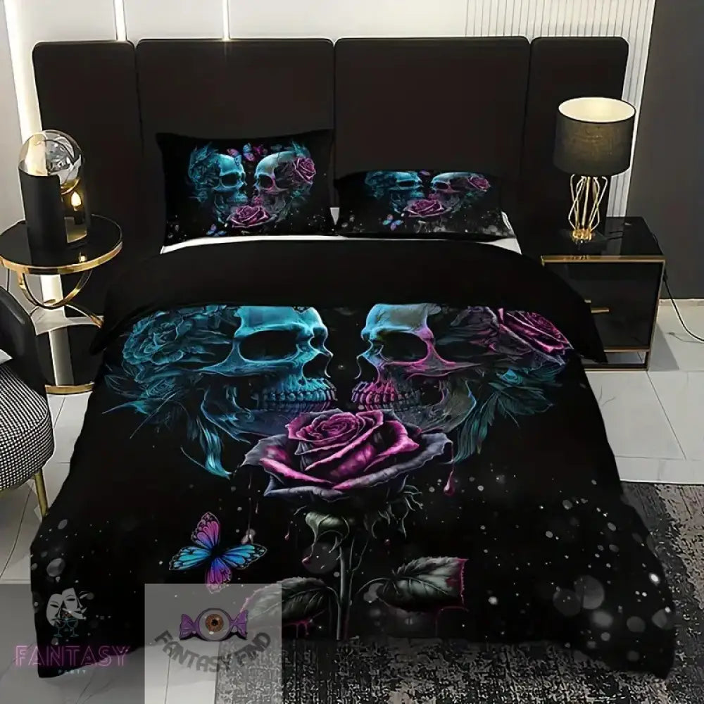 3Pcs Duvet Cover Set (1*Duvet + 2*Pillowcase Without Core) - Skull Pink & Blue