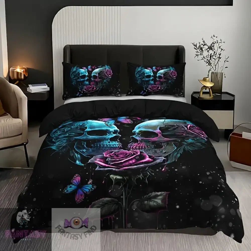 3Pcs Duvet Cover Set (1*Duvet + 2*Pillowcase Without Core) - Skull Pink & Blue