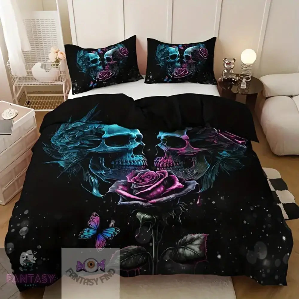 3Pcs Duvet Cover Set (1*Duvet + 2*Pillowcase Without Core) - Skull Pink & Blue