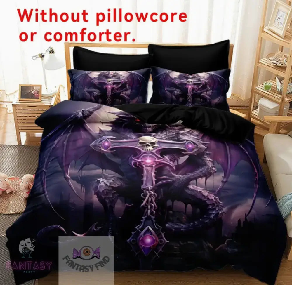 3Pcs Polyester Skull & Dragon Print Bedding Duvet Cover Set - Sizes