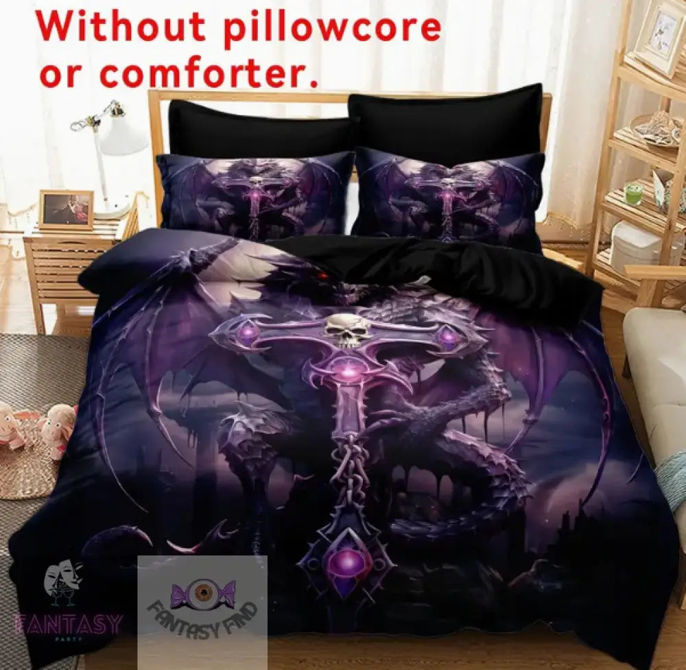 3Pcs Polyester Skull & Dragon Print Bedding Duvet Cover Set - Sizes