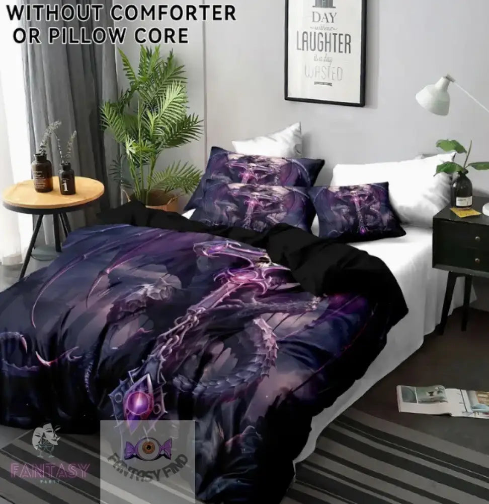 3Pcs Polyester Skull & Dragon Print Bedding Duvet Cover Set - Sizes