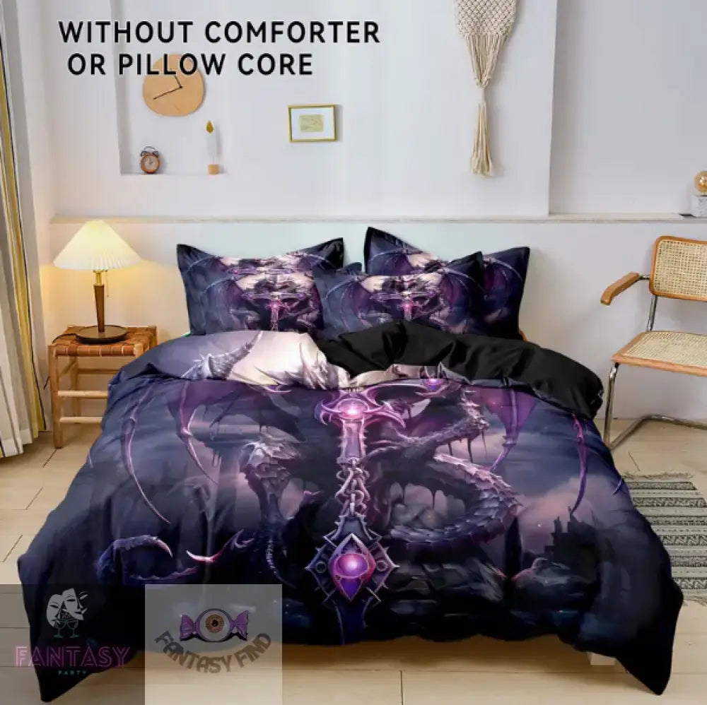 3Pcs Polyester Skull & Dragon Print Bedding Duvet Cover Set - Sizes