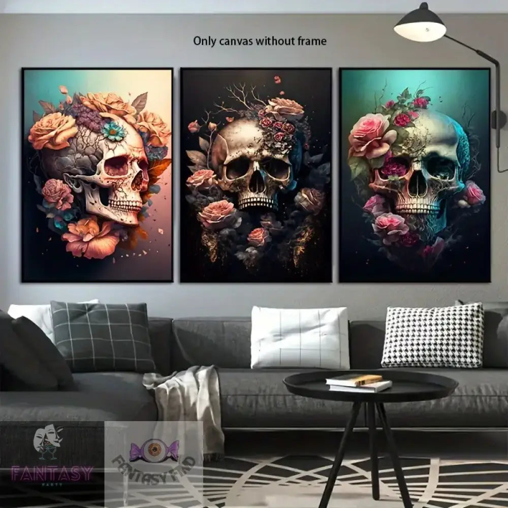 3Pcs/Set Unframed Canvas - Flower Skull 39.88*59.94Cm