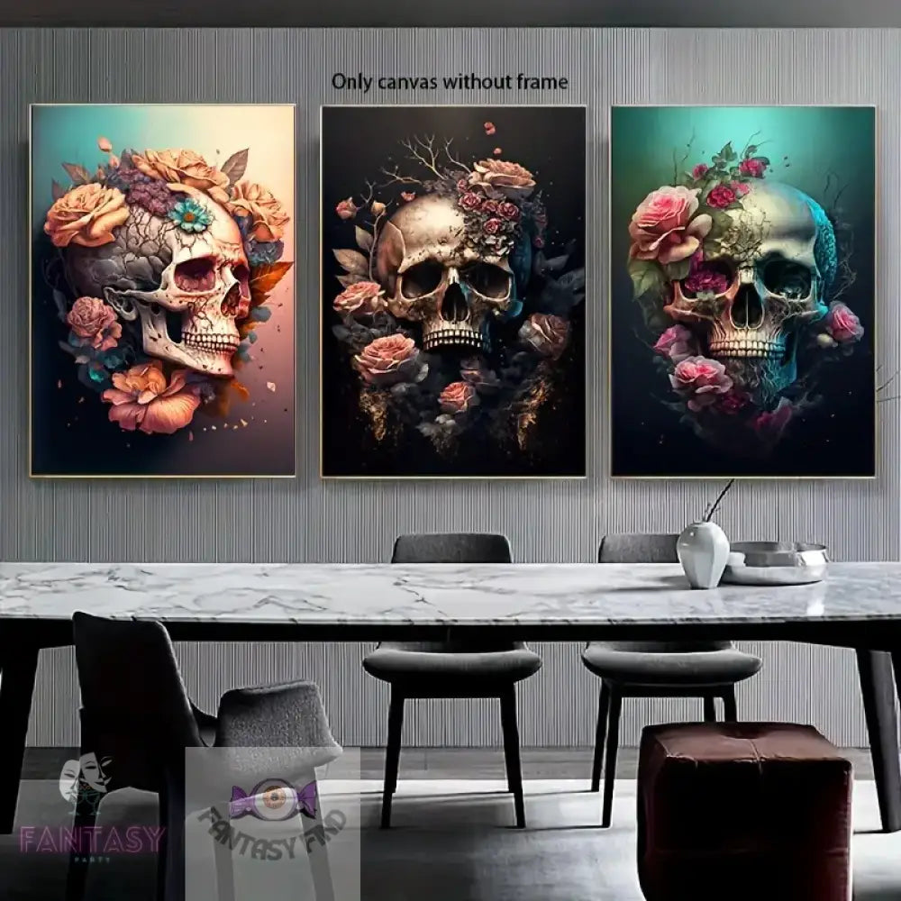 3Pcs/Set Unframed Canvas - Flower Skull 39.88*59.94Cm