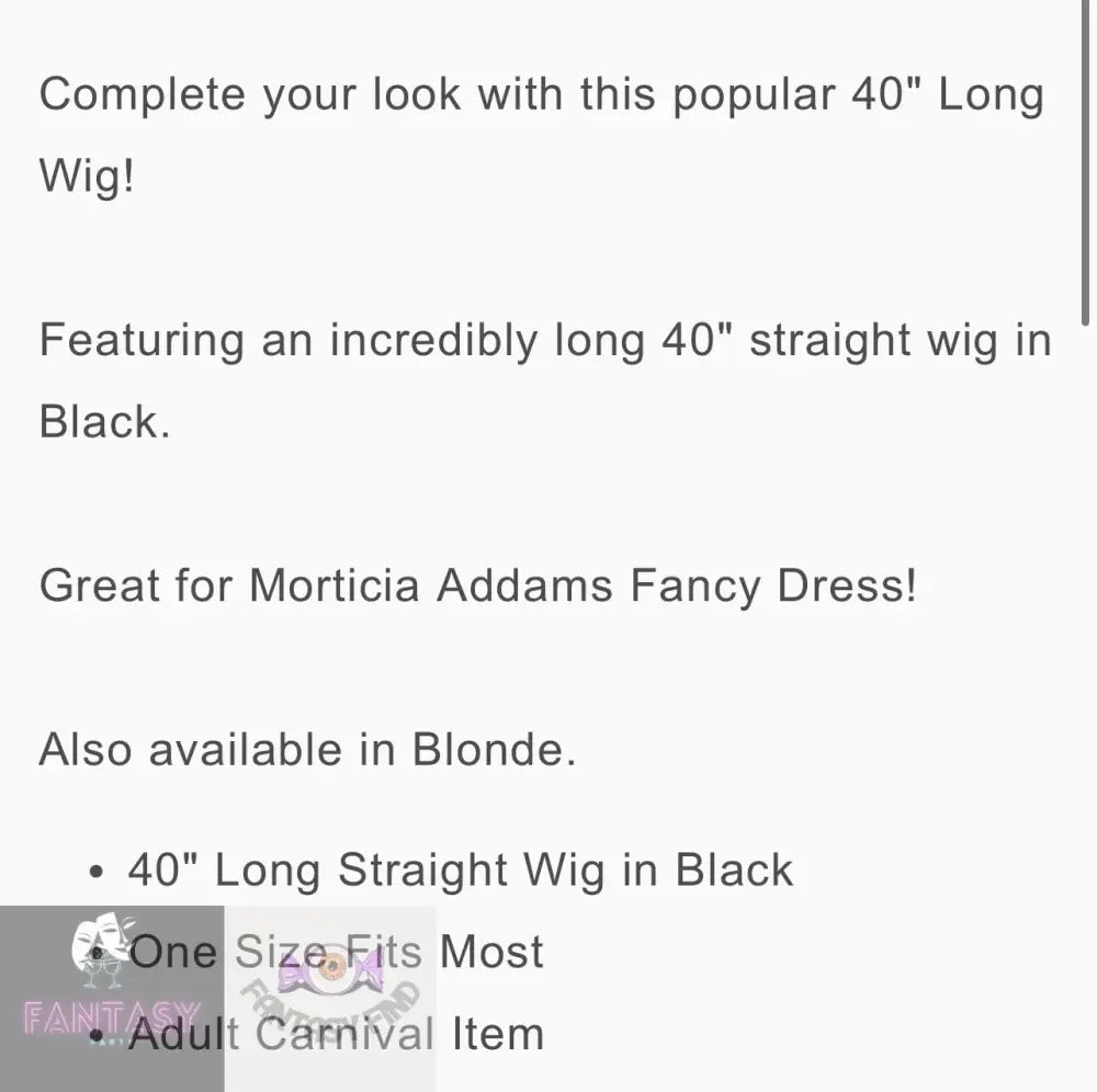 40” Long Wig - Black Morticia Addams