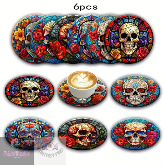 6-Piece Set Decorative Skull Flower Coasters