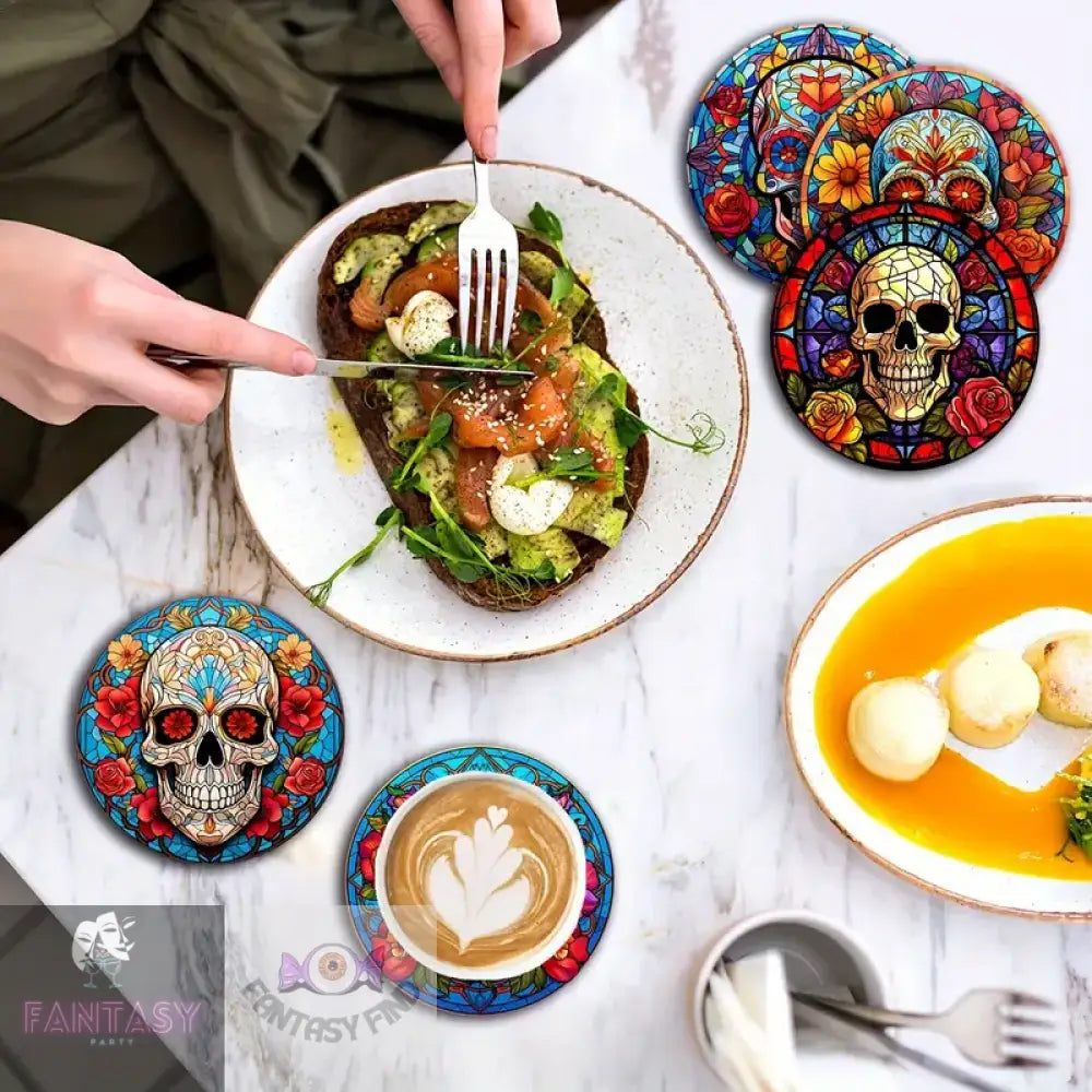 6-Piece Set Decorative Skull Flower Coasters