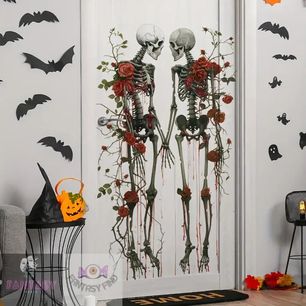 A Set Of Two (30*90Cm*2Pcs) Halloween Creative Skull Rose Flower Wall Stickers