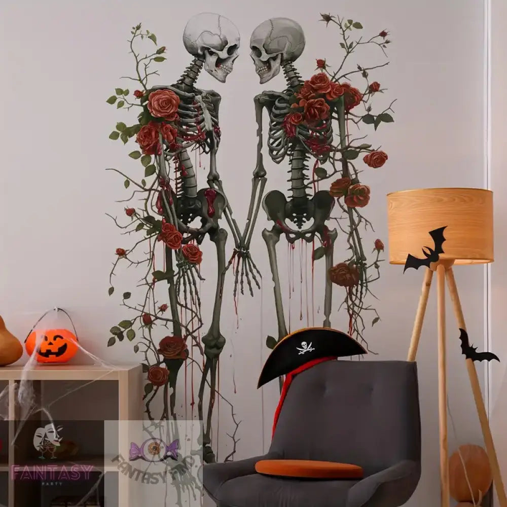 A Set Of Two (30*90Cm*2Pcs) Halloween Creative Skull Rose Flower Wall Stickers