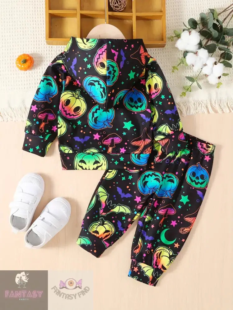 Baby Boy Fluorescent Print Pumpkin Hoodie And Pants Set - 6M/3Y