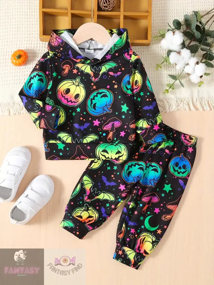 Baby Boy Fluorescent Print Pumpkin Hoodie And Pants Set - 6M/3Y