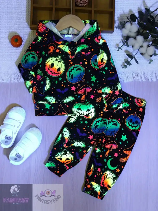 Baby Boy Fluorescent Print Pumpkin Hoodie And Pants Set - 6M/3Y