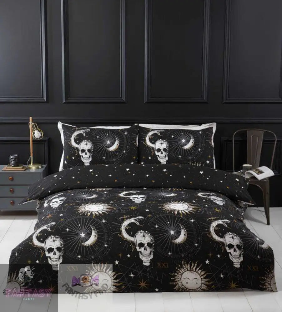 Black Multi Tarot Enchanting Skull Duvet Quilt Cover Set