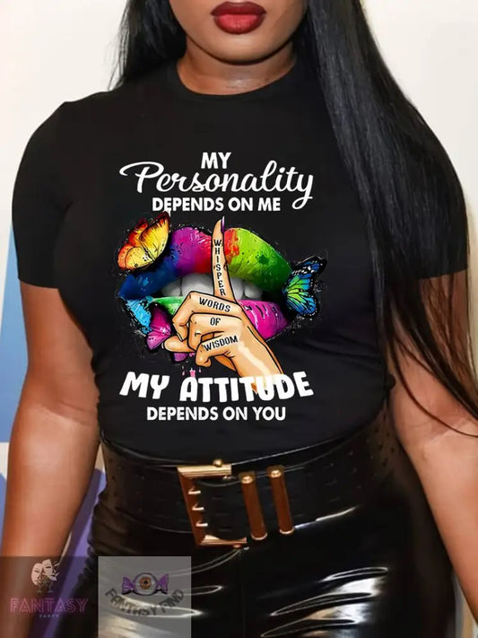 Butterflies & Lips Print T-Shirt - Women ’My Personality’ Black