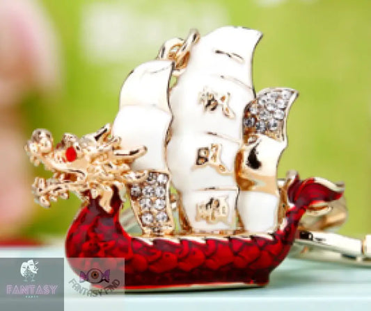 Dragon Sailing Boat Rhinestone Charm Key Ring Red