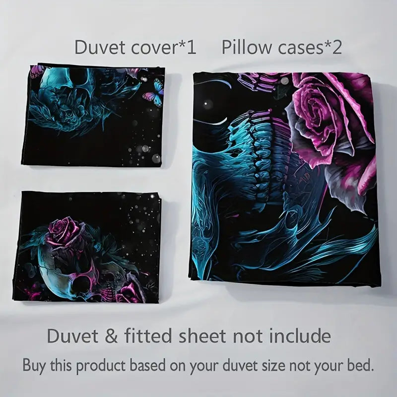 3pcs Duvet Cover Set (1*Duvet Cover + 2*Pillowcase, Without Core) - Skull Pink & Blue