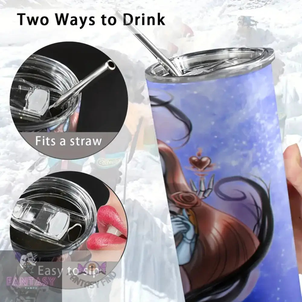 Halloween 20Oz Night Jack And Sally Design Stainless Steel Tumbler With Straw & Lid