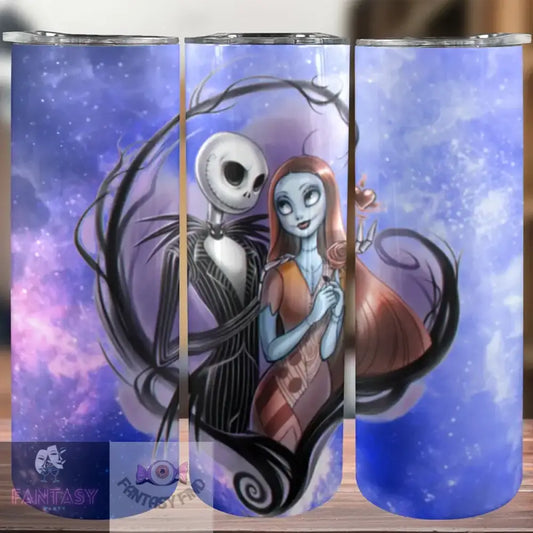 Halloween 20Oz Night Jack And Sally Design Stainless Steel Tumbler With Straw & Lid