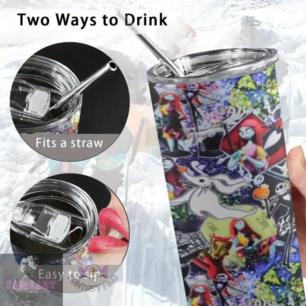 Halloween 20Oz Night Jack And Sally Design Stainless Steel Tumbler With Straw & Lid