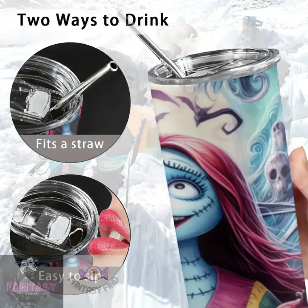 Halloween 20Oz Night Jack And Sally Design Stainless Steel Tumbler With Straw & Lid