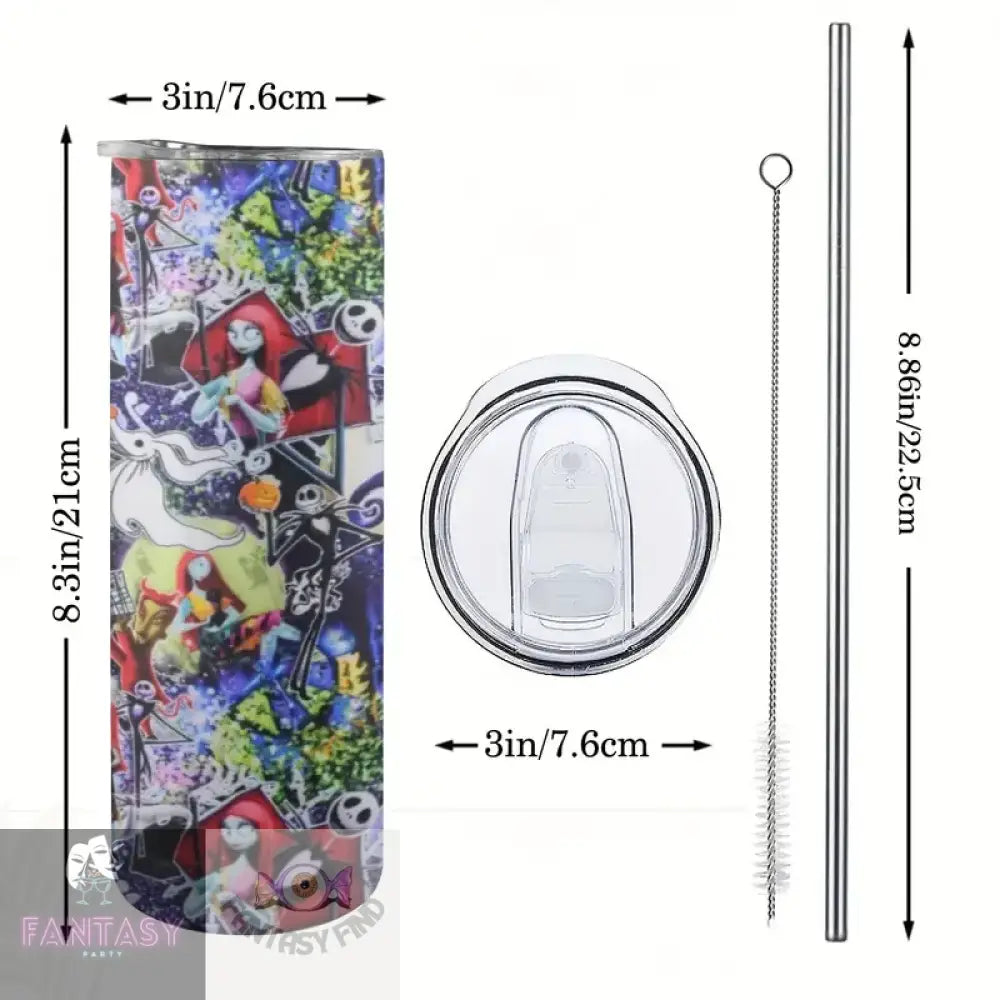 Halloween 20Oz Night Jack And Sally Design Stainless Steel Tumbler With Straw & Lid