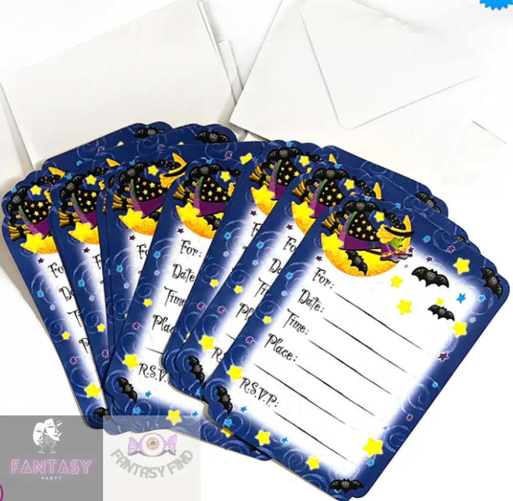 Halloween Invitation Pack (12 Cards + Envelopes Witch Design)