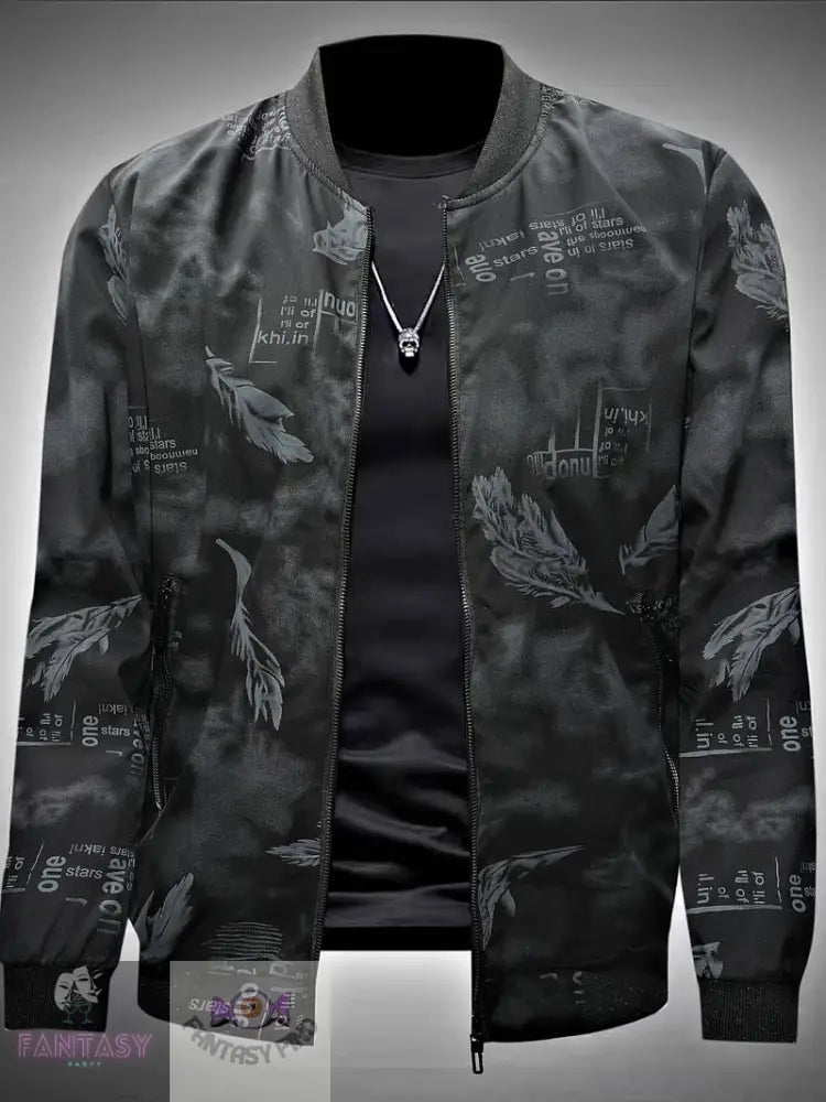 Mens Feathers Pattern Allover Print Jacket - Black