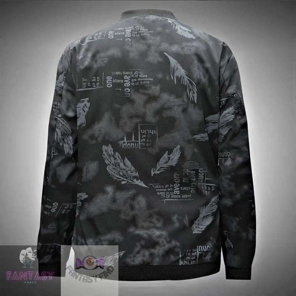 Mens Feathers Pattern Allover Print Jacket - Black