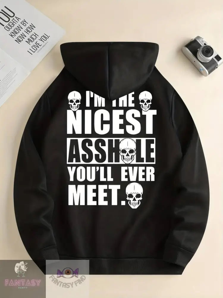 Men’s Stylish Skull & Letters Print Hoodie - ’I’m The Nicest’ Black