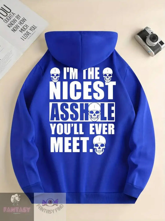 Men’s Stylish Skull & Letters Print Hoodie - ’I’m The Nicest’ Blue